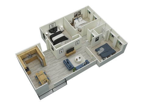 A 3D rendered image of a small apartment layout.